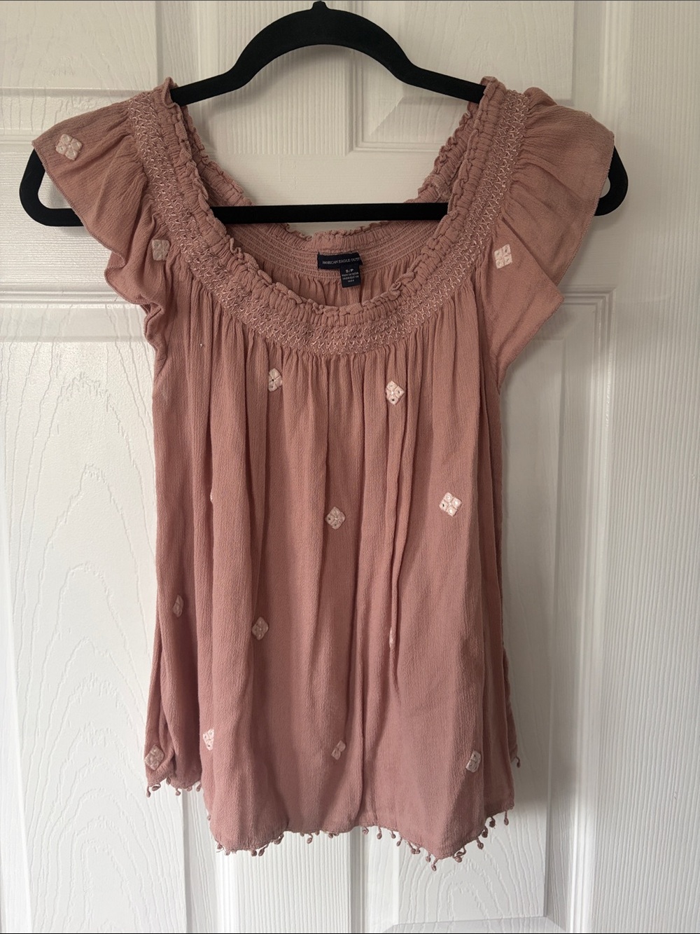 American Eagle Outfitters Dusty Rose Embroidered Smocked-Neck Tunic